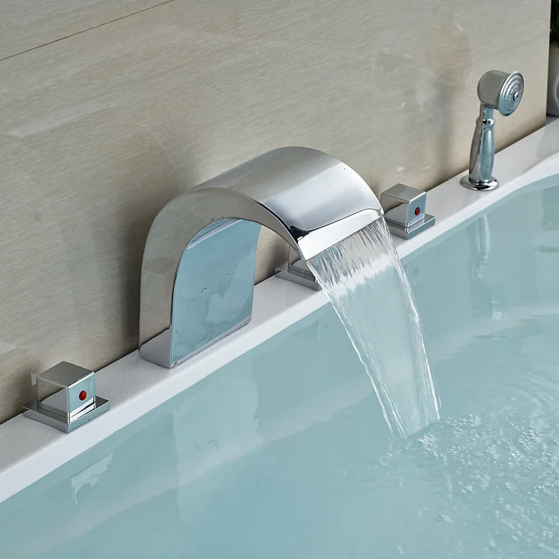 

Bright Chrome Waterfall Spout Bathtub Mixer Faucet 5pcs Widespread Mixer Taps Deck Mount 5 Holes