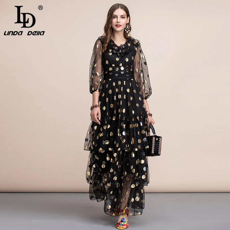 ^*Best Offers LD LINDA DELLA Herfst Vintage Zwarte Maxi Jurk vrouwen v-hals Ruches Dot Tiered Layer Zoom Mesh EEN Lijn party Gown Lange Jurk ^*Best Offers LD LINDA DELLA Herfst Vintage Zwarte Maxi Jurk vrouwen v-hals Ruches Dot Tiered Layer Zoom Mesh EEN Lijn party Gown Lange Jurk