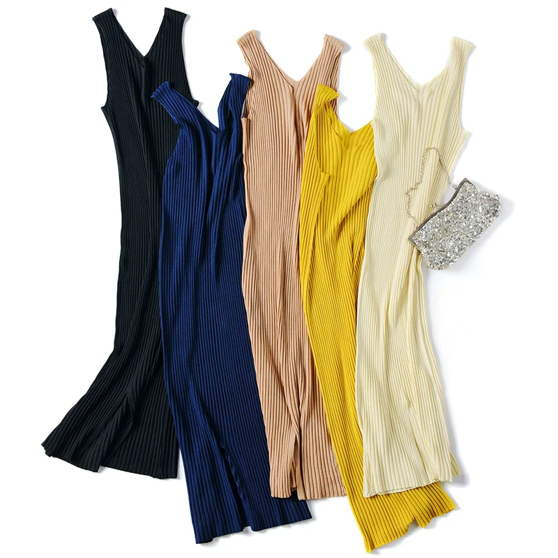 

SINGRAIN women knit maxi dress Sleeveless solid slim bodycon party dress casual sexy club robe high quality knitted ice silk tank dresses