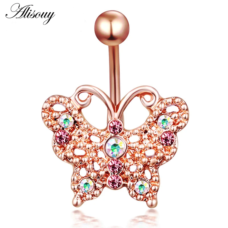 Alisouy 1pc Dangle Belly Button Ring 14g Rose Gold Belly Bar Body 