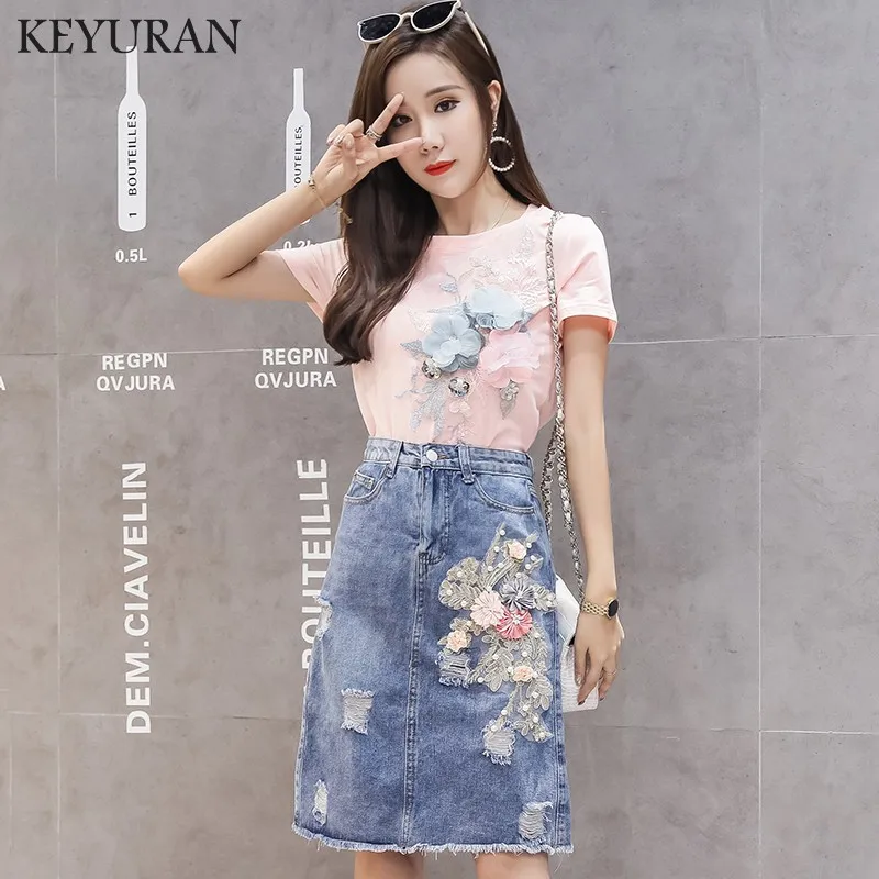 t shirt and denim skirt