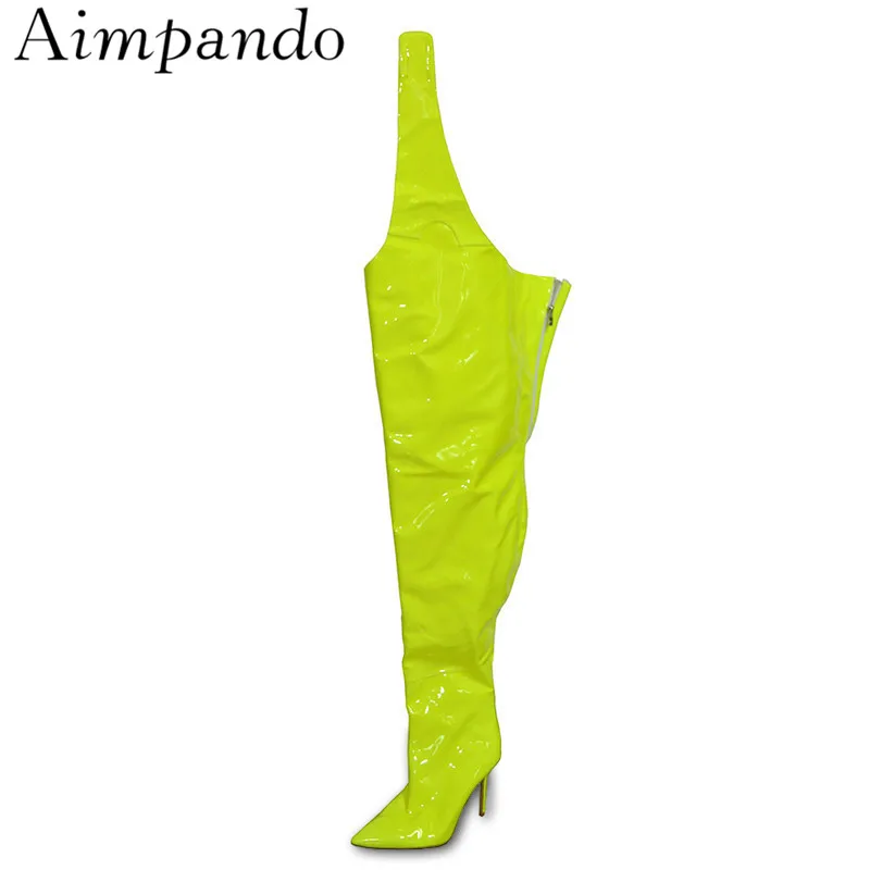 

Shiny Candy Color Over The Knee Boots Stiletto Heel Pointed Toes Pants Super Long Booties For Women Fashion Stage Botas
