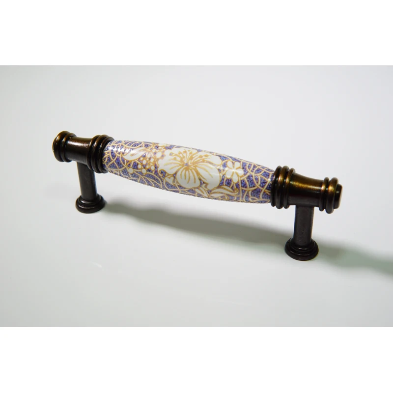 

Wholesale 10pcs lot blue-white flower porcelain drawer handles,door handles and knobs,kitchen handles 96mm