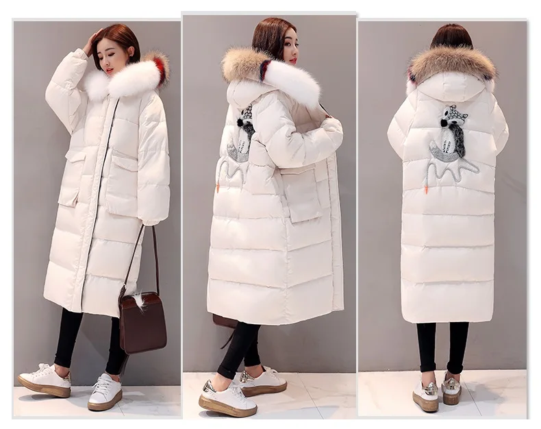 Длинный женский пуховик, зимние куртки для женщин, большой меховой воротник, пуховик, пальто, женское плотное теплое пальто с капюшоном, белое пуховое пальто