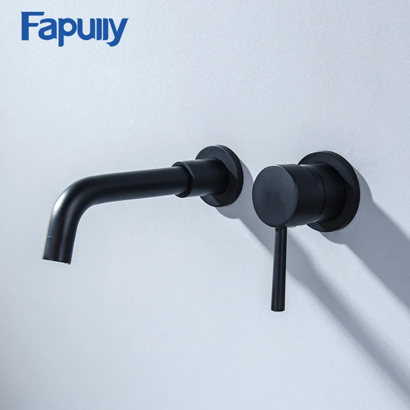 

Fapully Black Brass Wall Mounted Basin Faucet Single Handle Sink Faucet Flexible Spout Hot Cold Bathroom Water Mixer Tap 603-88B