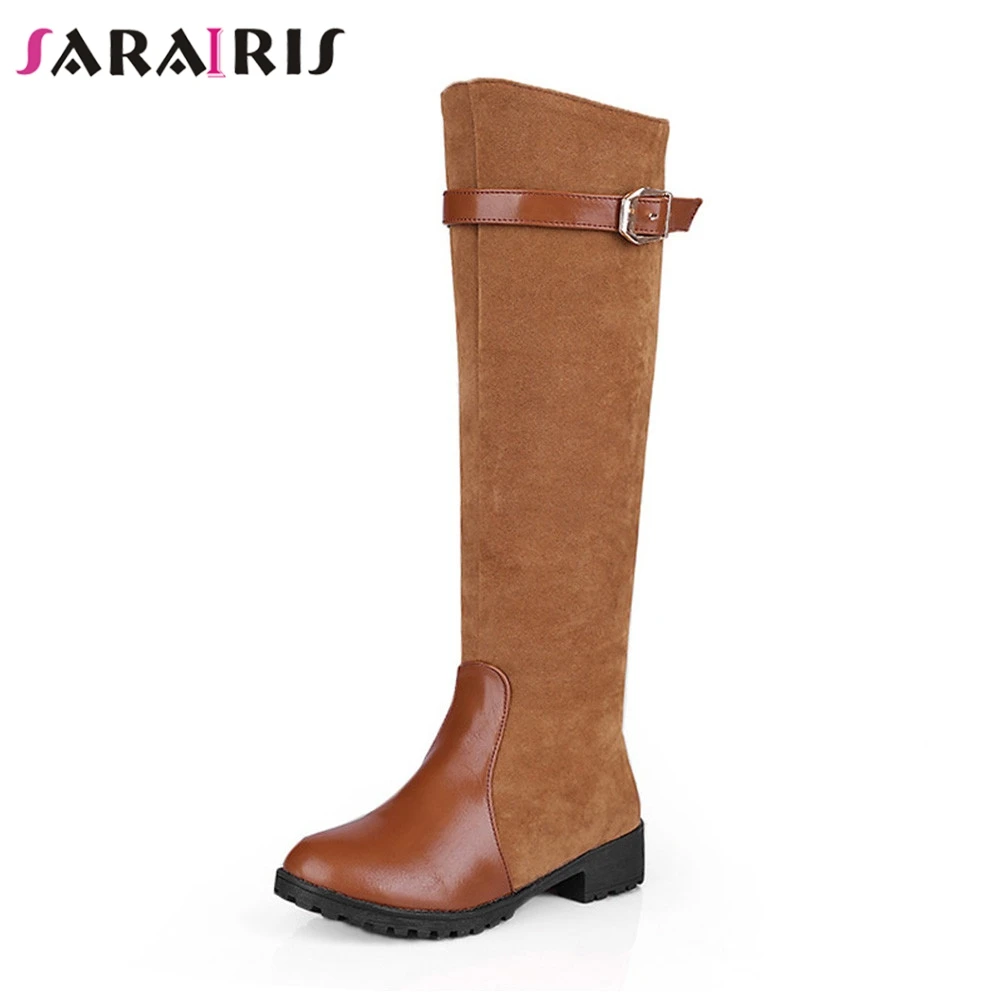 

SARAIRIS New Wide Med Heels Belt Buckle Zip Hot Sale Shoes Woman Casual women's Autumn Winter Kenn High Boots Big Size 34-43