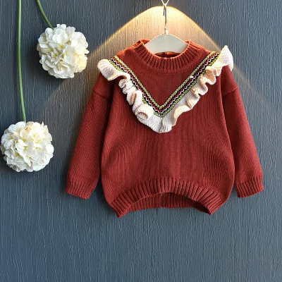 Осенний Модный Цветной пуловер с оборками для девочек вязаный свитер с круглым вырезом топ с сокровищами - Цвет: Красный