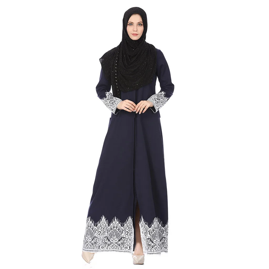 

Hot Muslim Women Fashion Solid Long Sleeve Full Buckle National Style Lace Robes Long Dress Muslim Women 2019 New Arrivals