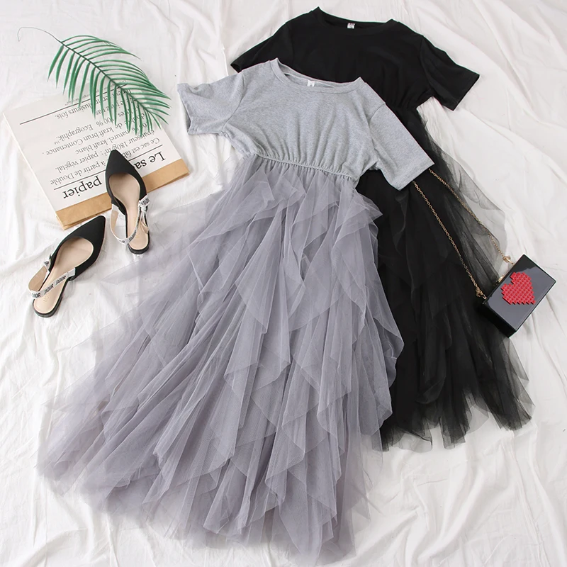 

Elegant Women O-neck Short Sleeve Irregular Ruffles Mesh Gauze Dress Vintage Pullover Elastic Slim Waist Tulle Ball Gown Dresses
