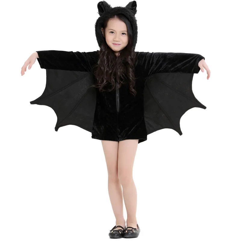 

VASHEJIANG Animal Fantasias Bat Costume for Girls Halloween Carnival Black Zipper Batman Cosplay Jumpsuit Connect with Wings
