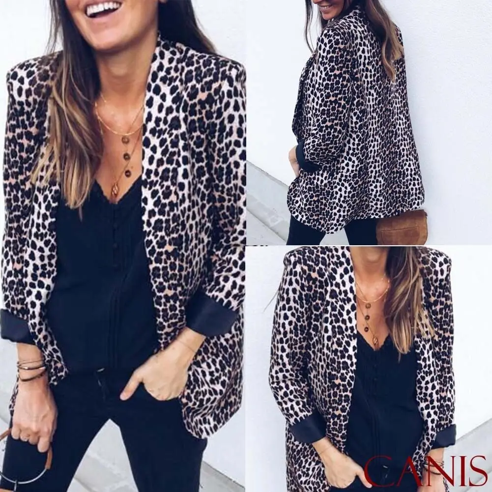 

Women Jacket Leopard Print V Neck Long Sleeve Ladies OL Suit Slim Tops Femme Casual Outwear Coat