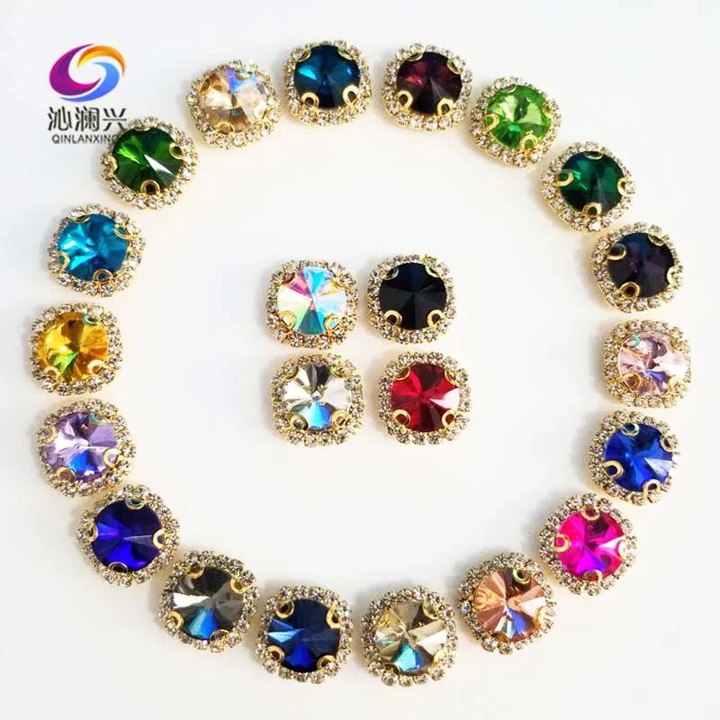 

Mix color Round shape top glass crystal rhinestones with hole,golden bottom sew on stone for Diy Clothing accessories