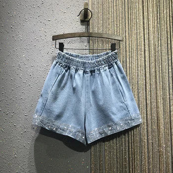 

A-line elastic denim women shorts solid beaded shine casual street wear loose wide leg female dance slim shorts top quality