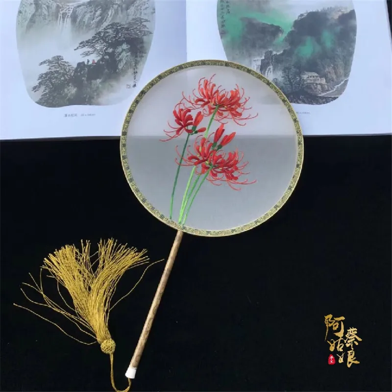 Сучжоу вышивка цветы дворец веер Чистая ручная вышивка Бутик двусторонняя вышивка группа веер китайский стиль
