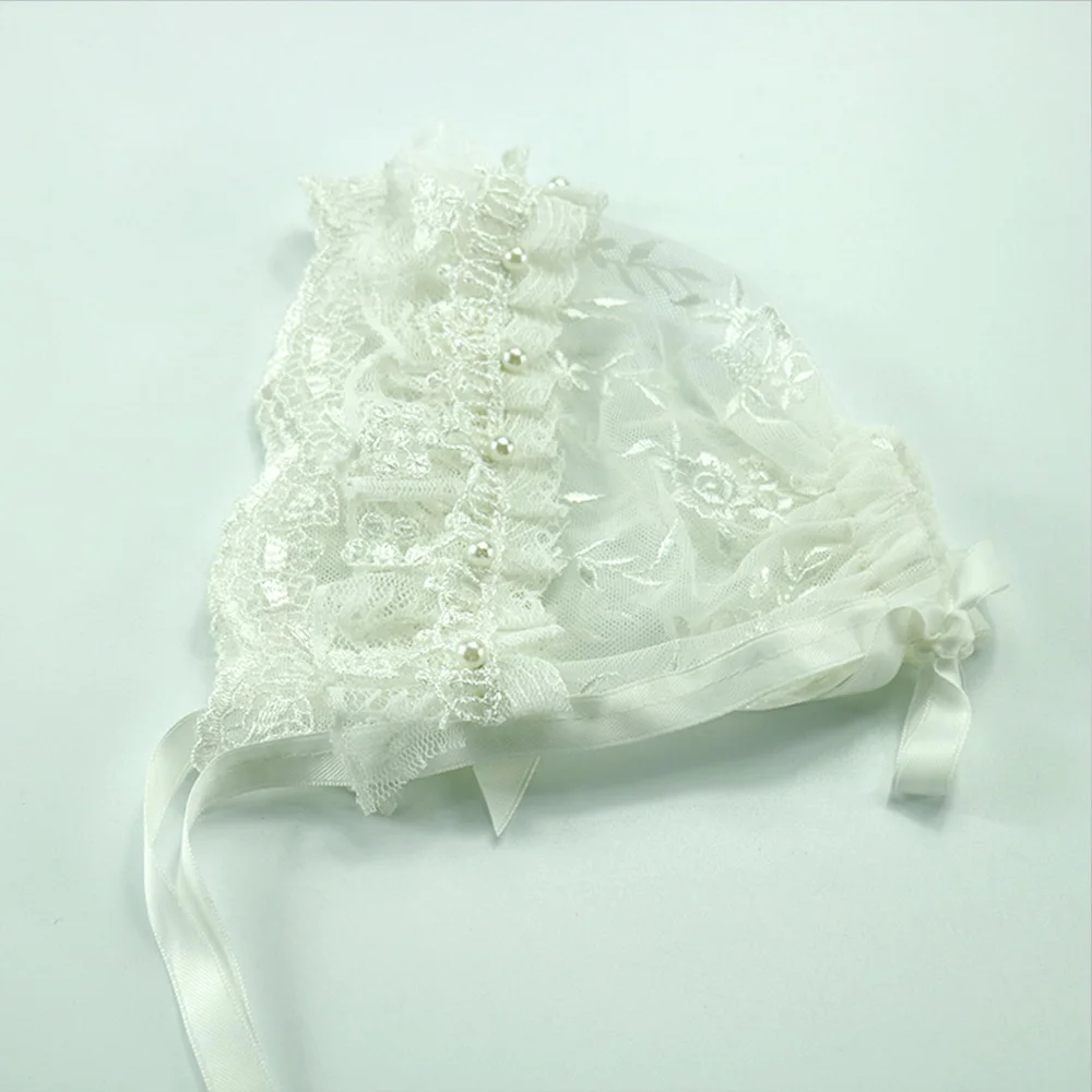 Handmade Soft  Newborn Infant Girl Lace Bonnet with Pearl Lacework Style Hat Photography Props Baby Photo Shooting Accessories