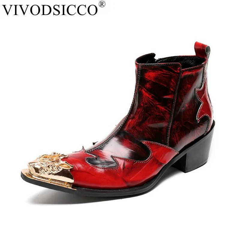 VIVODSICCO/новая зимняя обувь из натуральной кожи, Мужские модельные ботинки с острым носком и металлическим наконечником, модные красные мужские свадебные туфли в стиле ретро - Цвет: Красный