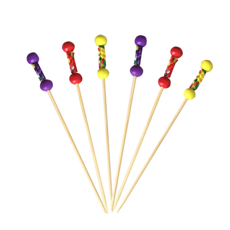 

100 Pcs 12cm double beads skewers bamboo fruit skewers cocktail fork fruit wood appetizing toothpicks Cake decoration sign