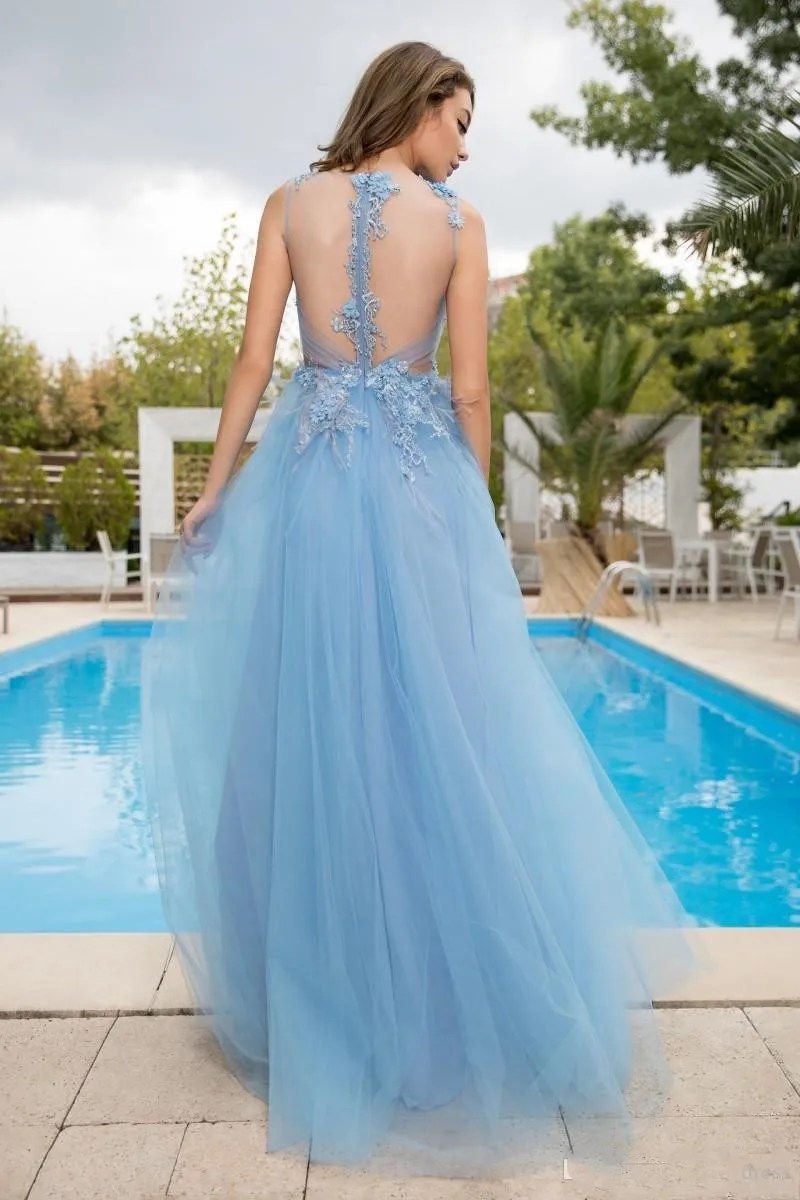 

light blue prom dresses long A Line Side Split Deep V Neck Lace Appliqued Floor Length Evening Gowns elegant evening prom dress