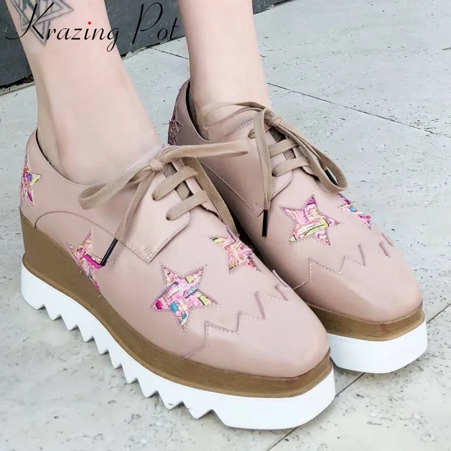 

Krazing pot patchwork design wedges thick bottom platform natural leather square toe Punk style lace up runway women pumps L33