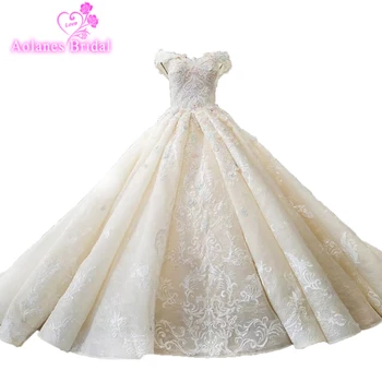 

New Luxurious Arabic Vintage Lace Crystal Beading Flower Ruffle Wedding Dress Bride Princess WOW Wedding Dresses Bridal Gown