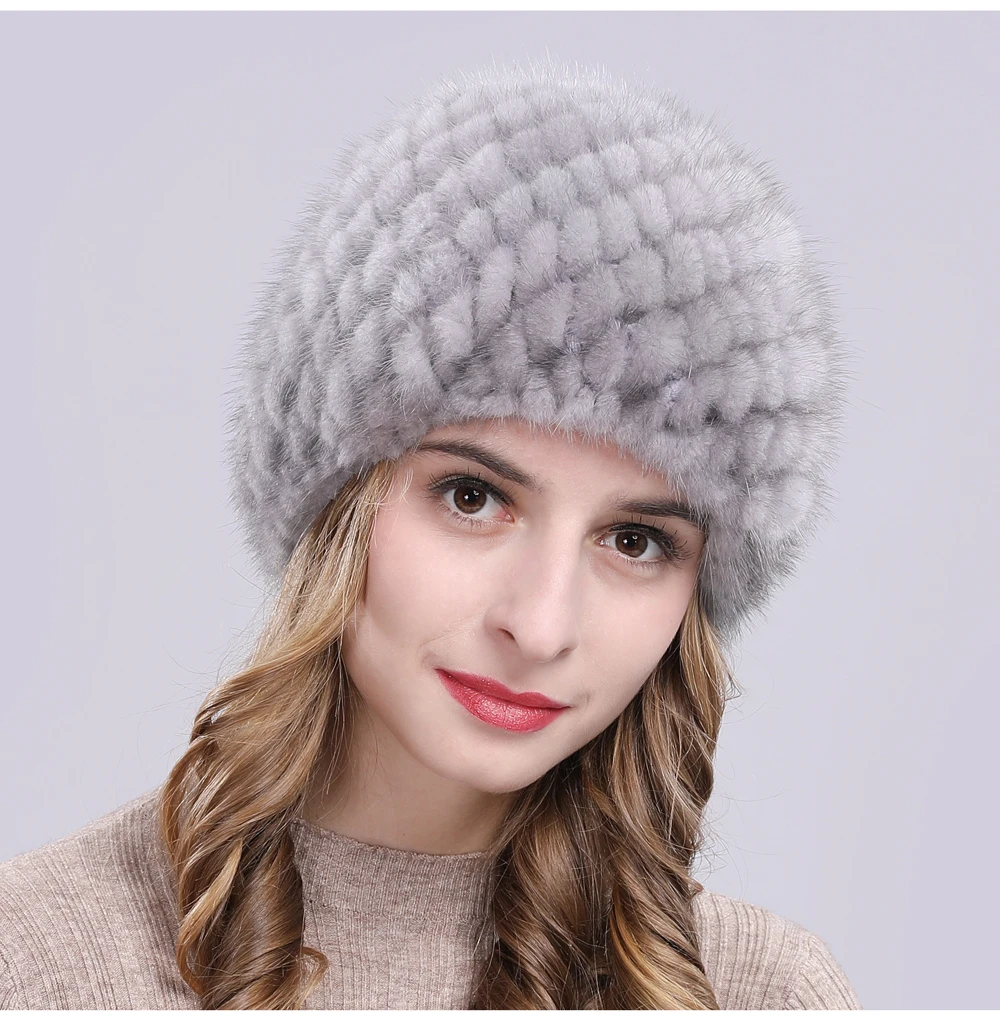 Hot Sale Winter Real Mink Fur Hat Women Good Elastic Knit Real Natural Mink Fur Beanies Hats Lady Real Mink Fur Thick Warm Cap