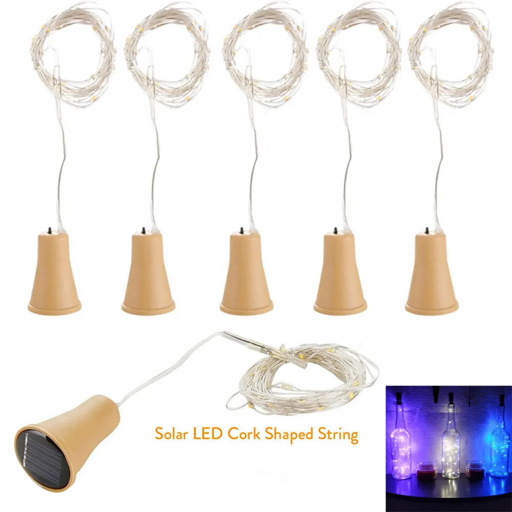 

5X 1M 1.5M 2M Solar Cork Shaped LED String Light Copper Wire String Holiday Outdoor Fairy Lights For Party Wedding Decoration