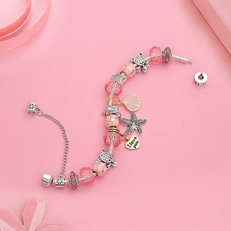 Hot Ocean Tibetan Silver Charm Bracelet Bangle for Women Romantic Pink Shell Crystal Bracelet Heart Turtle Beads Bracelets Gift