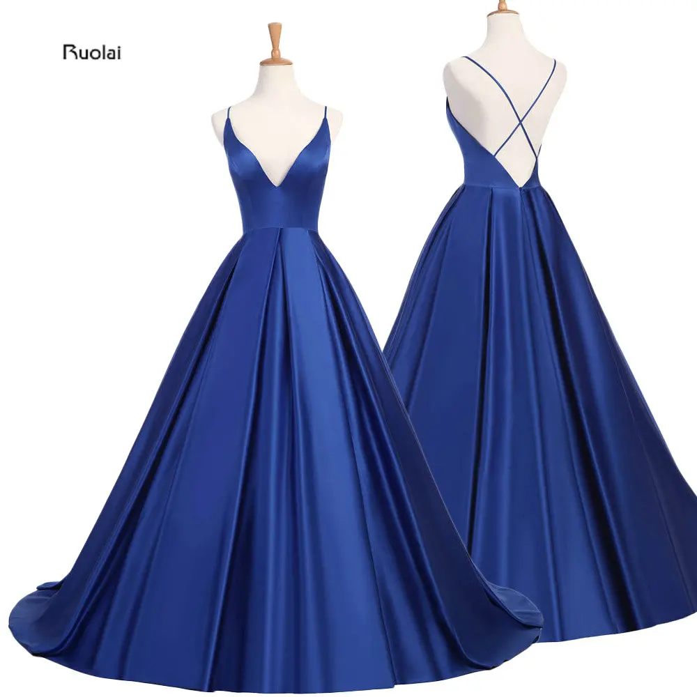 Royal Blue Sexy Satin Evening Dresses 2018 Long A line Prom Dresses Evening Party Dresses Evening Gown Open Back Robe De Soiree Royal Blue Sexy Satin Evening Dresses 2018 Long A line Prom Dresses Evening Party Dresses Evening Gown Open Back Robe De Soiree