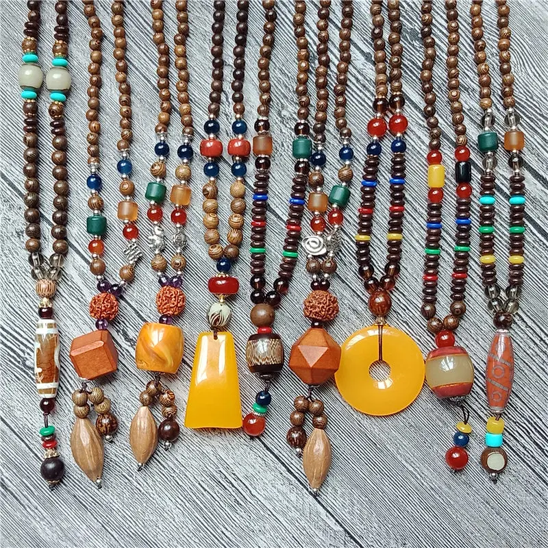 Nepal Buddhist Mala Wood Beads Necklace Imitation Stone Pendant Ethnic Horn Long Statement For Women Men | Украшения и аксессуары