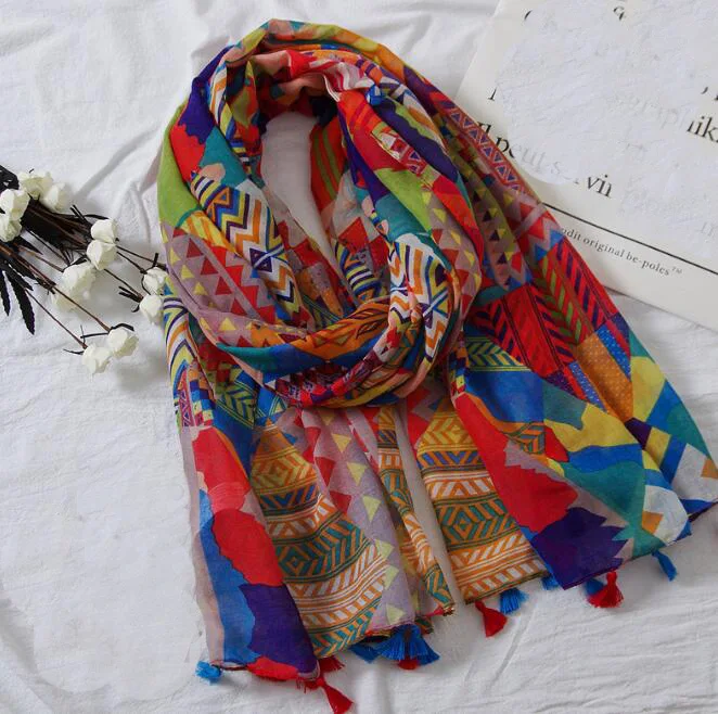 

Vintage ethnic style scarf generous fashion color geometric print seaside holiday travel beach towel shawl