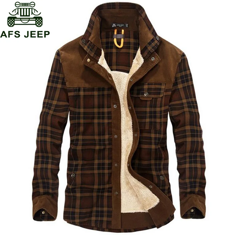 

AFS JEEP Brand Shirt Men Winter Thick Warm Shirts 100% Wool Fleece Plaid Long Sleeves Shirt Men Military Coat Camisetas Hombre