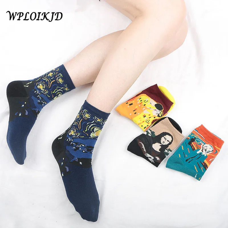 

[WPLOIKJD]1 Pairs High Quality Fashion Soft Men Women Creative Painting Van Gogh Mona Lisa Print Unisex Funny Socks