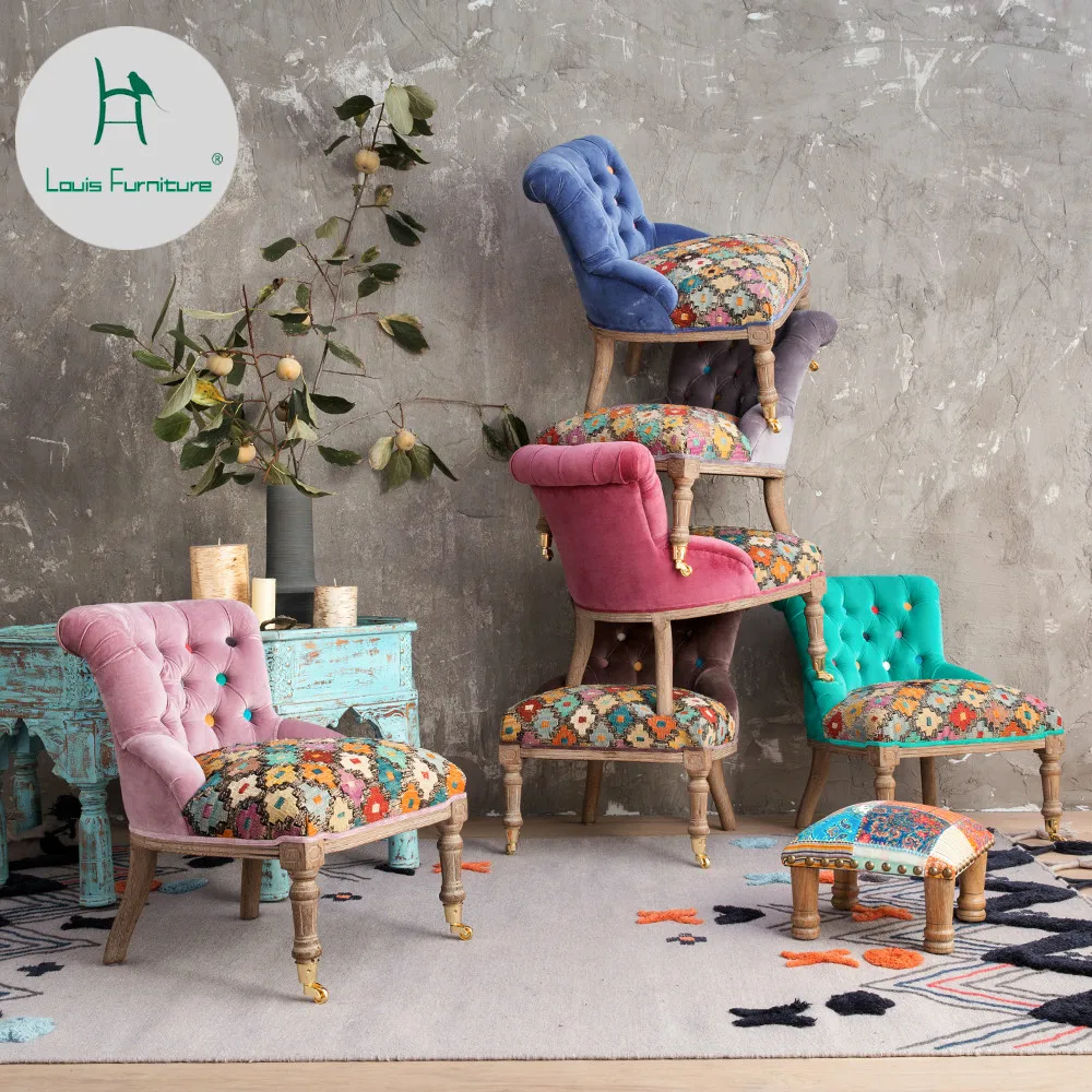 

Louis Fashio French American Imported Flannel Fabric Colorful Sofa Soft Stool North European Lazy Chair Modern Leisure