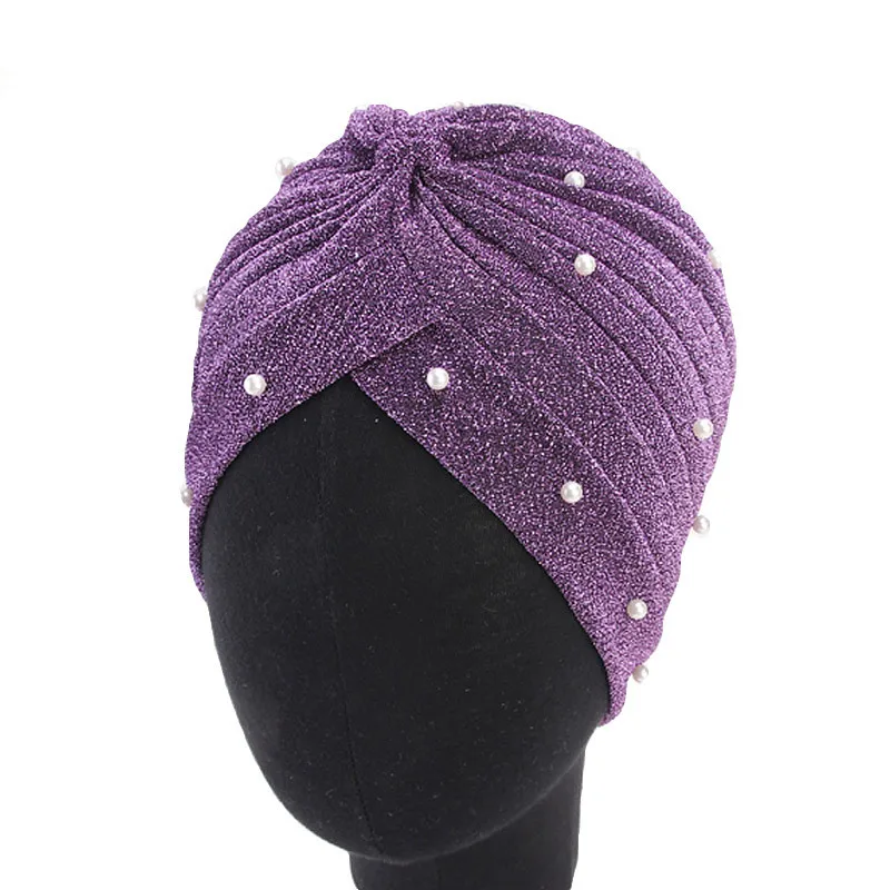 Helisopus модная женская мусульманская блестящая жемчужная сетчатая повязка на голову, тюрбан для волос, головной убор для женщин, аксессуары для волос - Цвет: purple