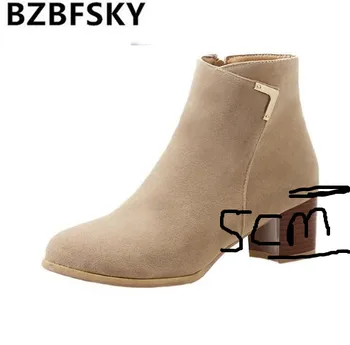 

2018 custom Fashion Women Flock Ankle Boots Female Flock Zipper Thick Heel Shoes Ladies High Heels Square Heel Plus Size 34-43