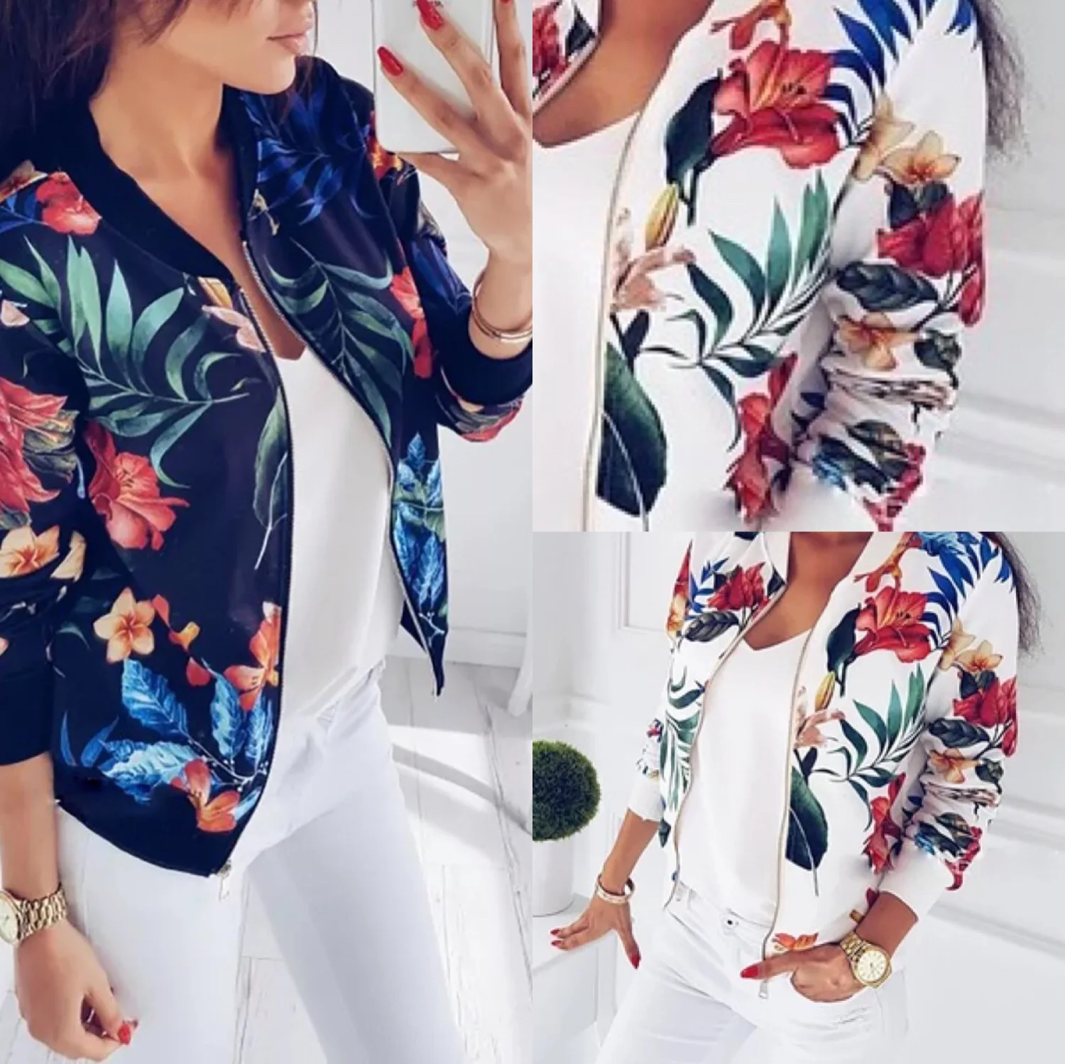 LOSSKY Retro Floral Print Women Coat Casual Zipper Up Bomber Women's Autumn Long Sleeve Outwear Jacket Coats Ladies Clothes