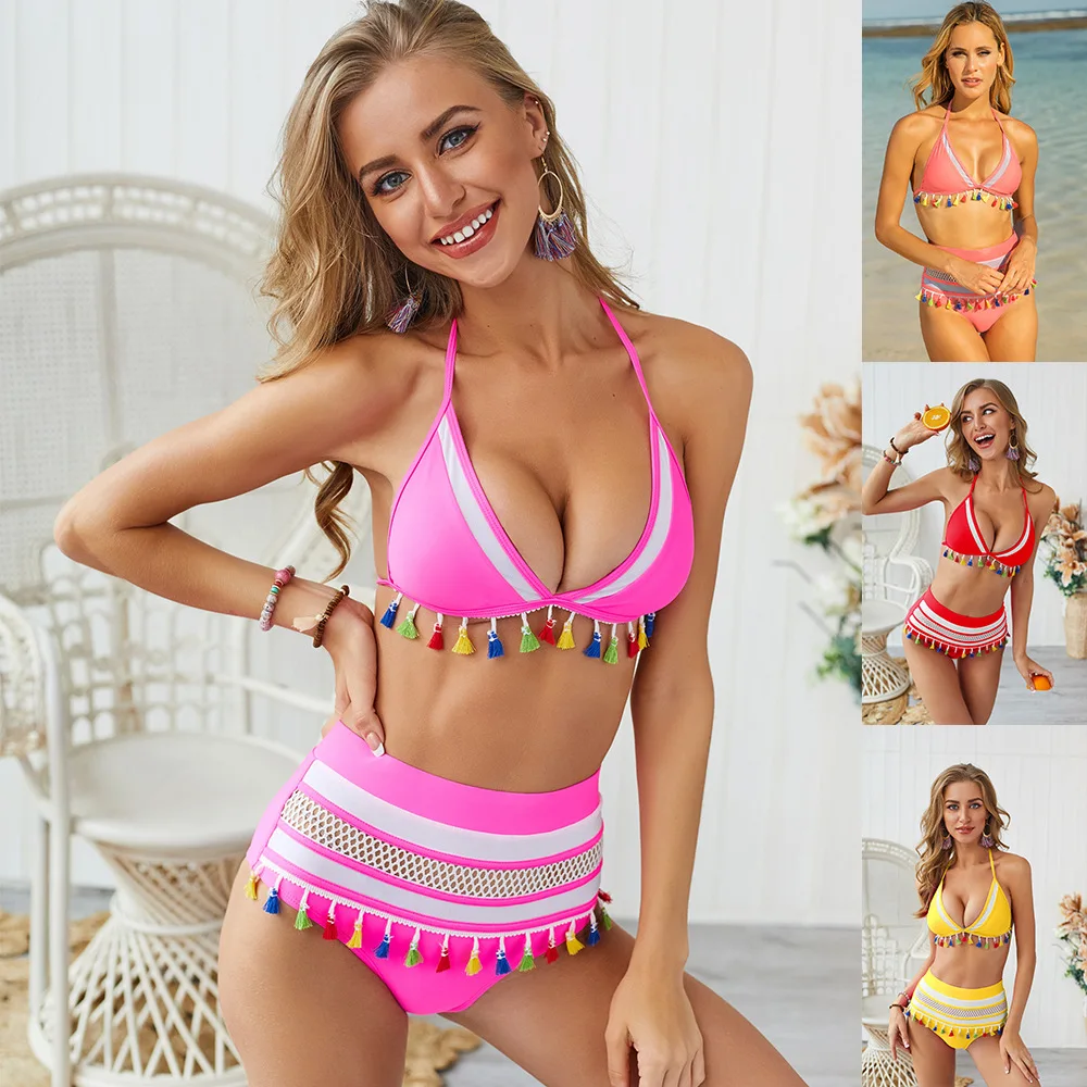 

High Waist Bikini 2019 Sexy Boho Swimwear Women Pom Pom Tassels Swimsuit Push Up Bathing Suit Brazilian Biquini Beachwear