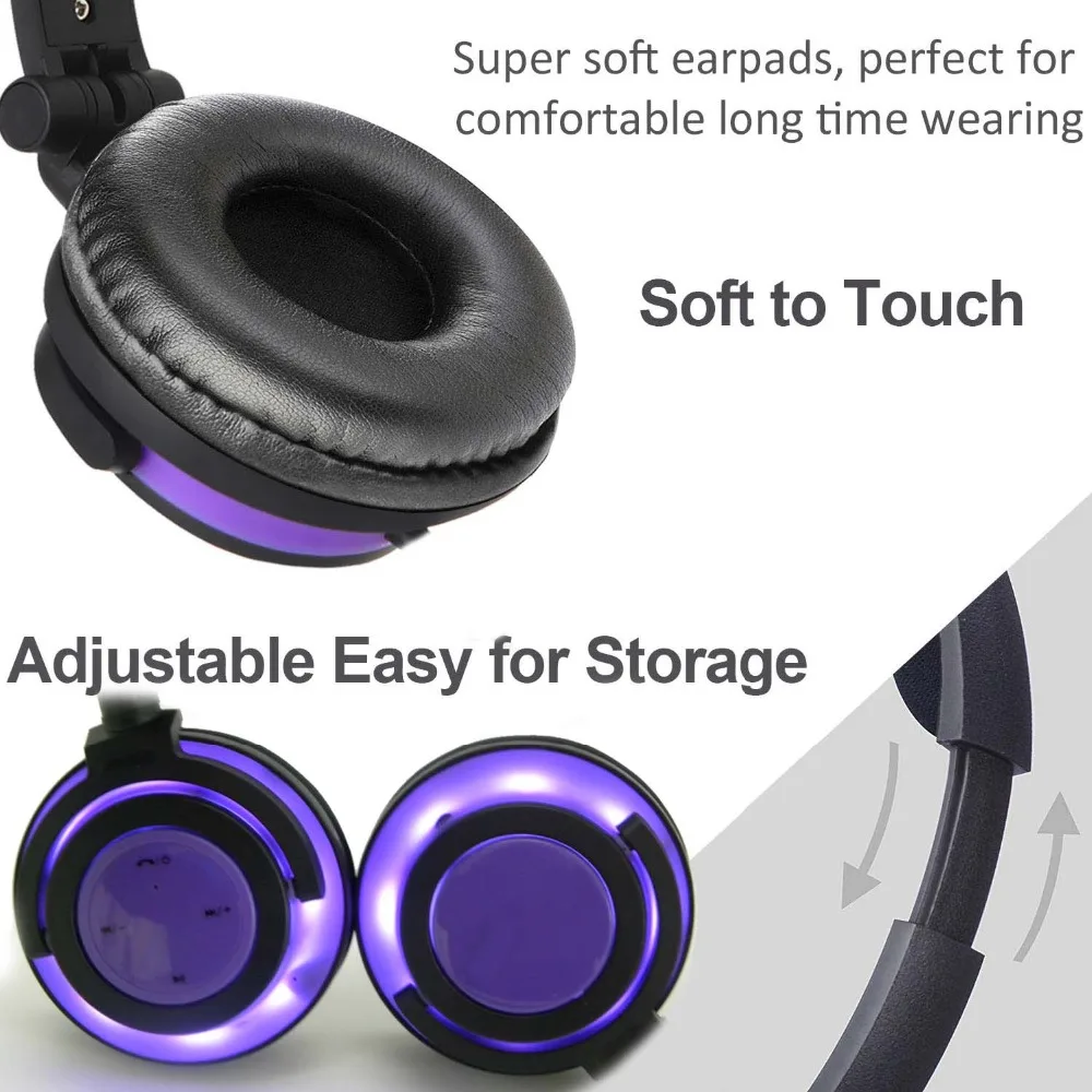 JINSERTA Bluetooth Earphone Cat Ear Wireless Headphones Microphone Flashing Glowing Headset w LED Light For PC Laptop Adult Kids