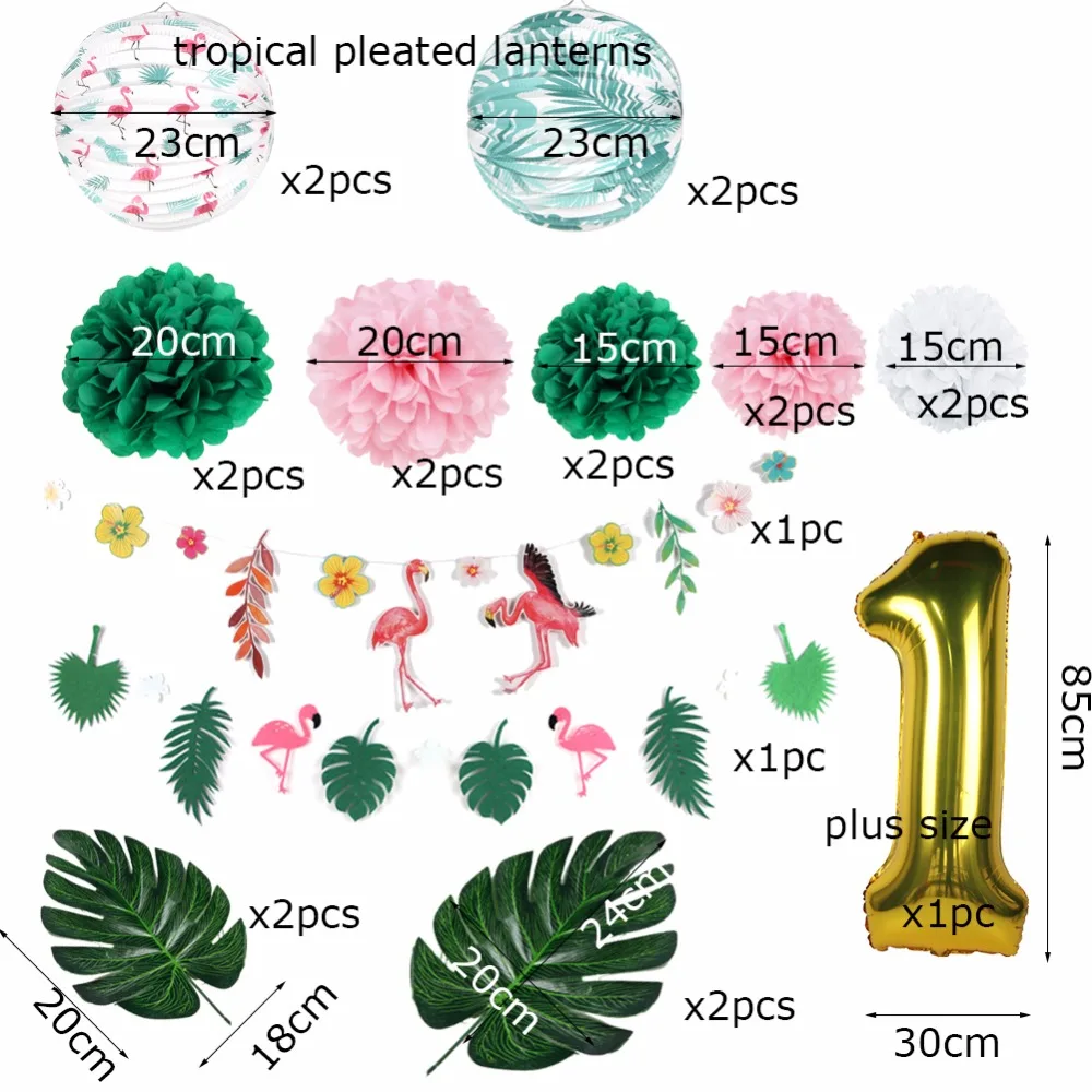 

Flamingo Summer First Birthday Party Decoration Hawaiian Tropical Party Kit Pleated Paper Lanterns Gold Foil Balloon Palm Leave