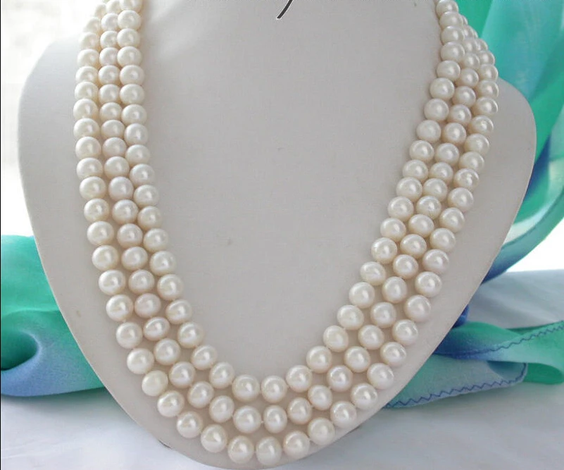 

shipping z3735 3row 23" 10mm ROUND white freshwater pearl necklace