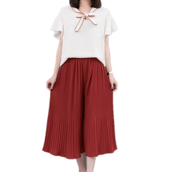 

Plus Size 5xl Peter Pan Collar Chiffon Blouse Women's Suit Big Wide Leg Pants Two Piece Set Top And Pants Bowknot Top And Skirt
