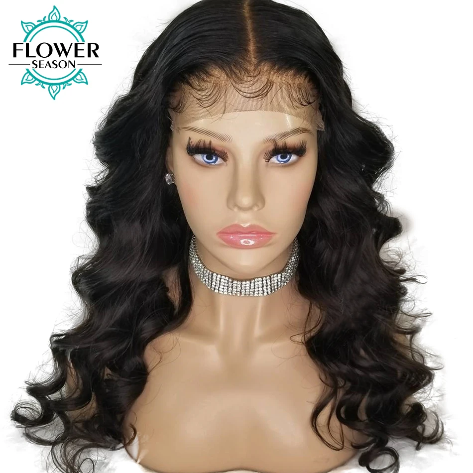 FlowerSeason Wavy Brazilian Lace Front Human Hair Wigs Pre Plucked