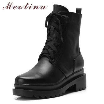 

Meotina Natural Leather Ankle Boots Winter Motorcycle Boots Platform Thick Heel Lace Up Female Short Shoes Pink White Size 33-41