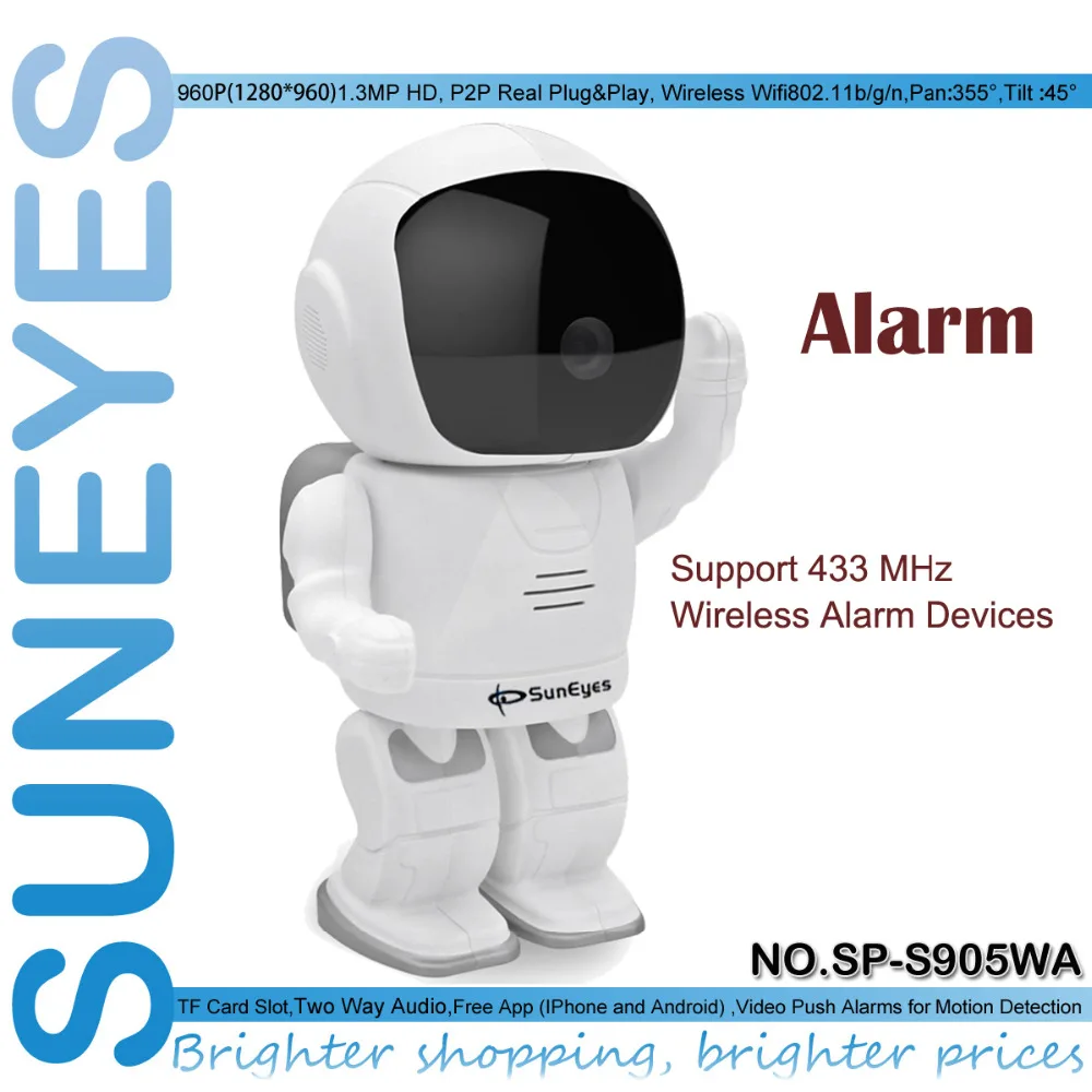 SunEyes SP-S905WA 960P HD Alarm P2P Hidden Robot IP Camera Wireless Wifi Pan/Tilt and Two Way Audio Support 433MHZ Alarm Devices