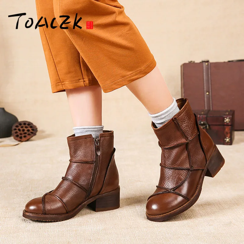 

Autumn and winter new European and American style casual retro personality stitching low heel boots neutral leather women's boot