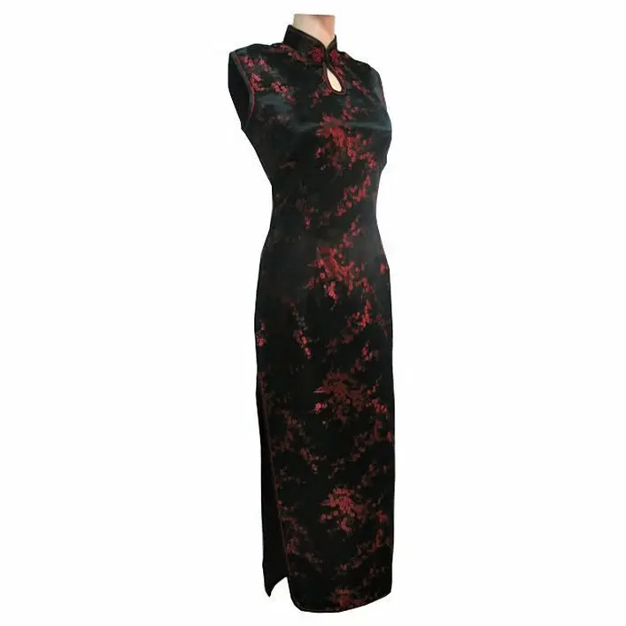 Zwart-Rode Traditionele Chinese Jurk Vrouwen Satin Lange Halter Cheongsam Qipao Mujere Vestido Bloem Maat Sml xl Xxl Xxxl J3035