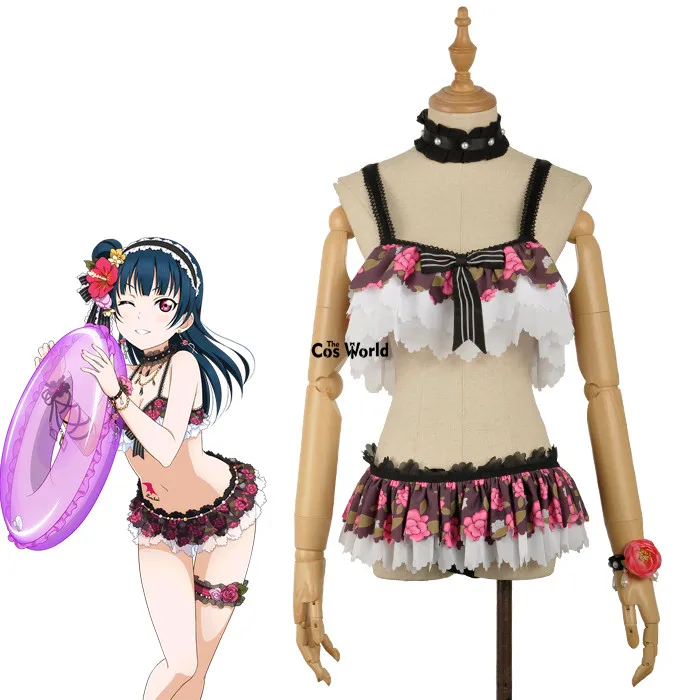 Love Live Sunshine Aqours Tsushima Yoshiko Swimwear Swimsuit Bathing Suit Bikini Tube Tops Skirts Outfit Anime Cosplay Costumes