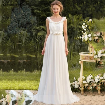 

vestido boda hippie new chiffon flower Scoop neck backless A Line ivory bohemian style vintage wedding dress long robe de mariee