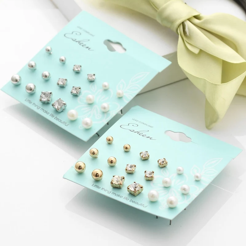 

MJARTORIA 2019 Boho 9 Pairs/set Simulated Pearl Ball Crystal Stud Earrings For Women Piercing Silver Jewelry Gifts Brinco