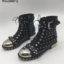Осень г. Новинка зимы Для женщин цвета черный/серебристый Заклёпки круглый носок Кружево до пряжки молния Низкий каблук классические короткие ботильоны со шнуровкой размер 42